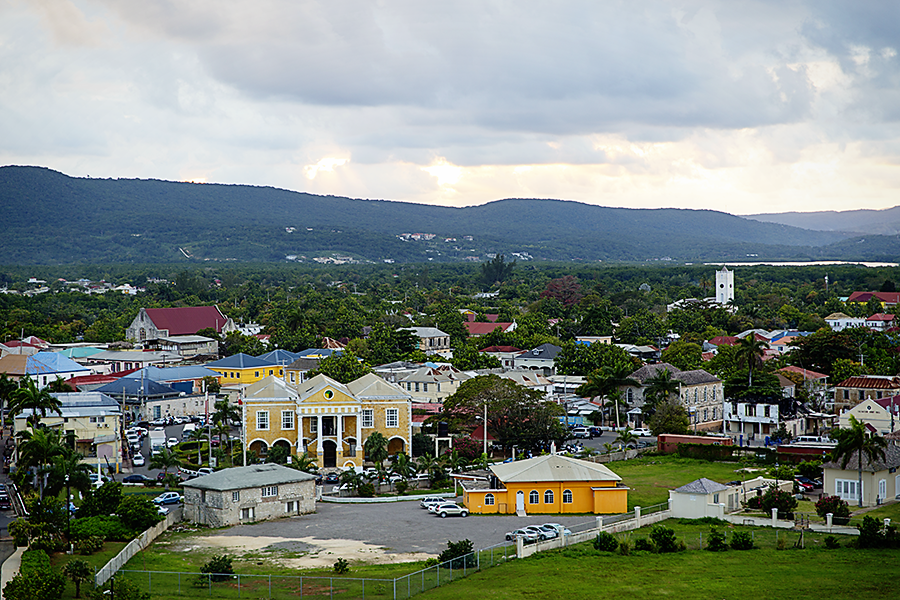 Colorful street scene in Jamaica with local shops and everyday life