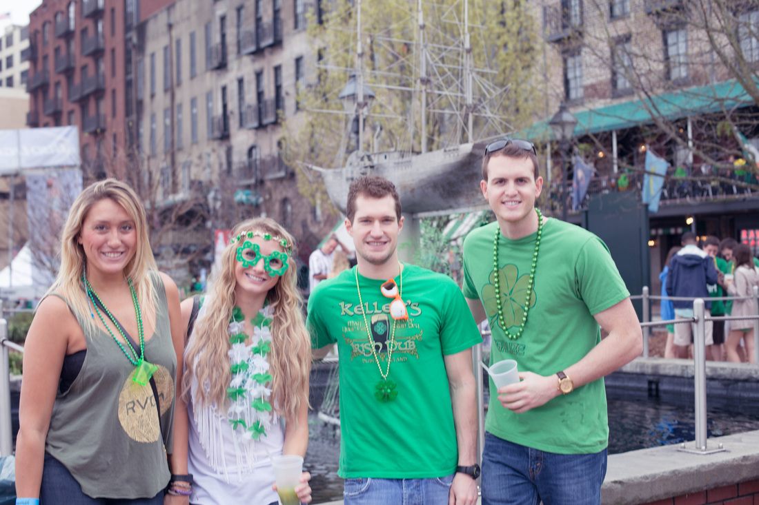 Green-clad revelers filling the streets of Savannah, Georgia for St. Patrick's Day