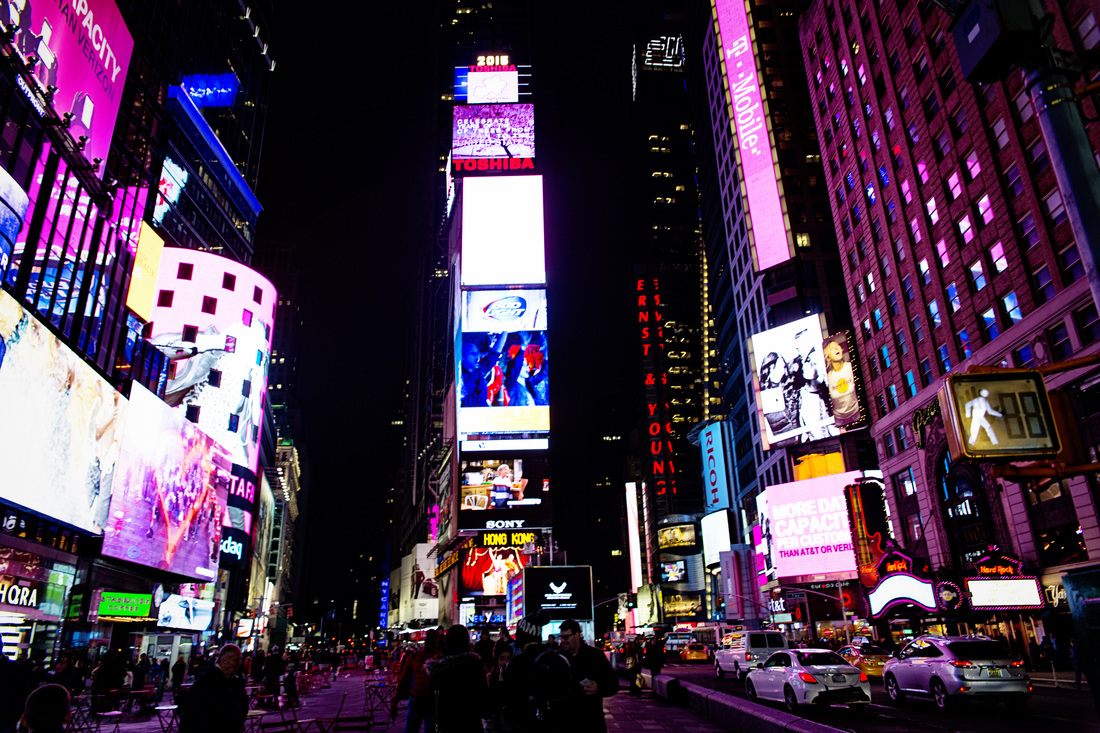 Bright lights of Times Square at night in New York City