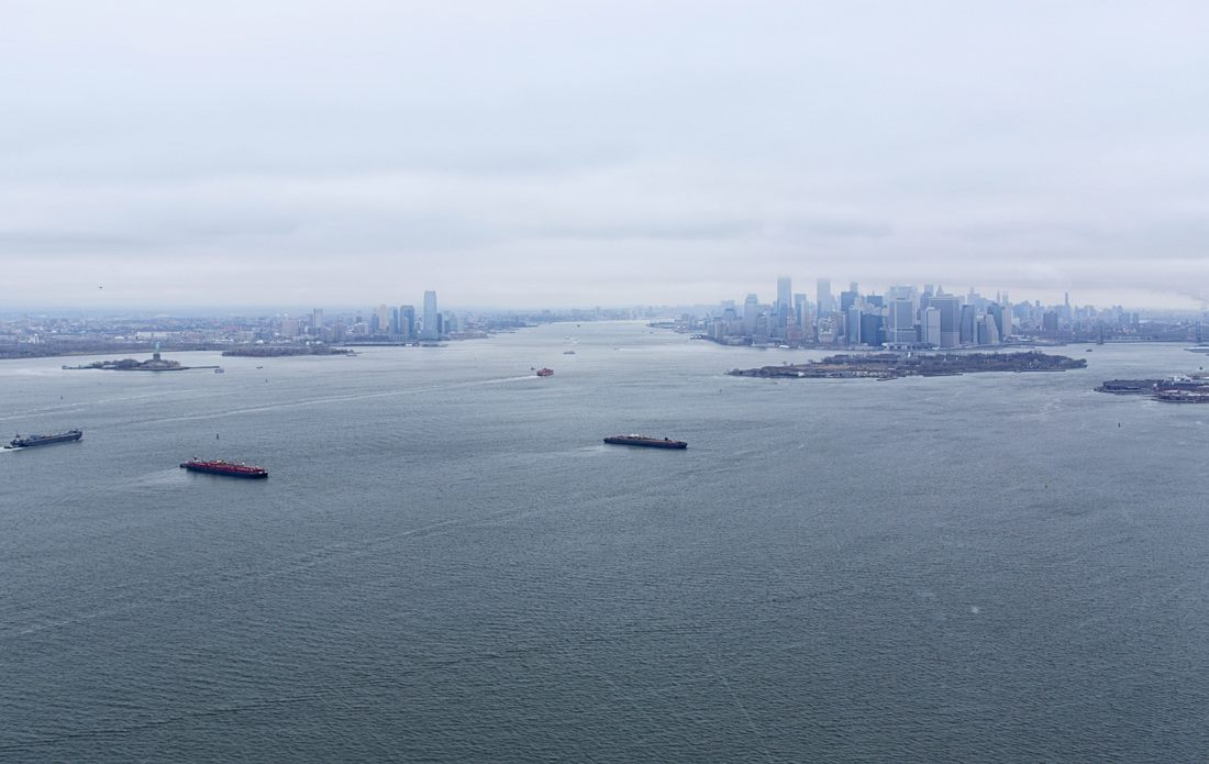 Manhattan skyscrapers viewed from a helicopter tour