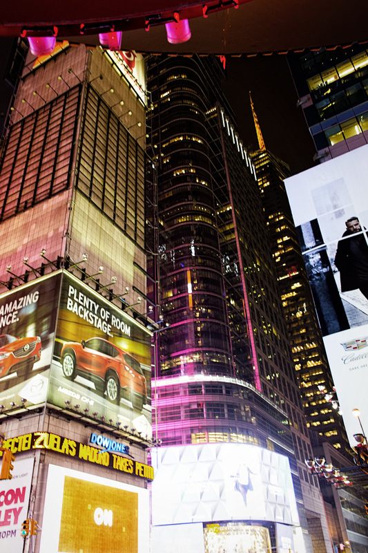 Times Square crowds and neon signs in NYC