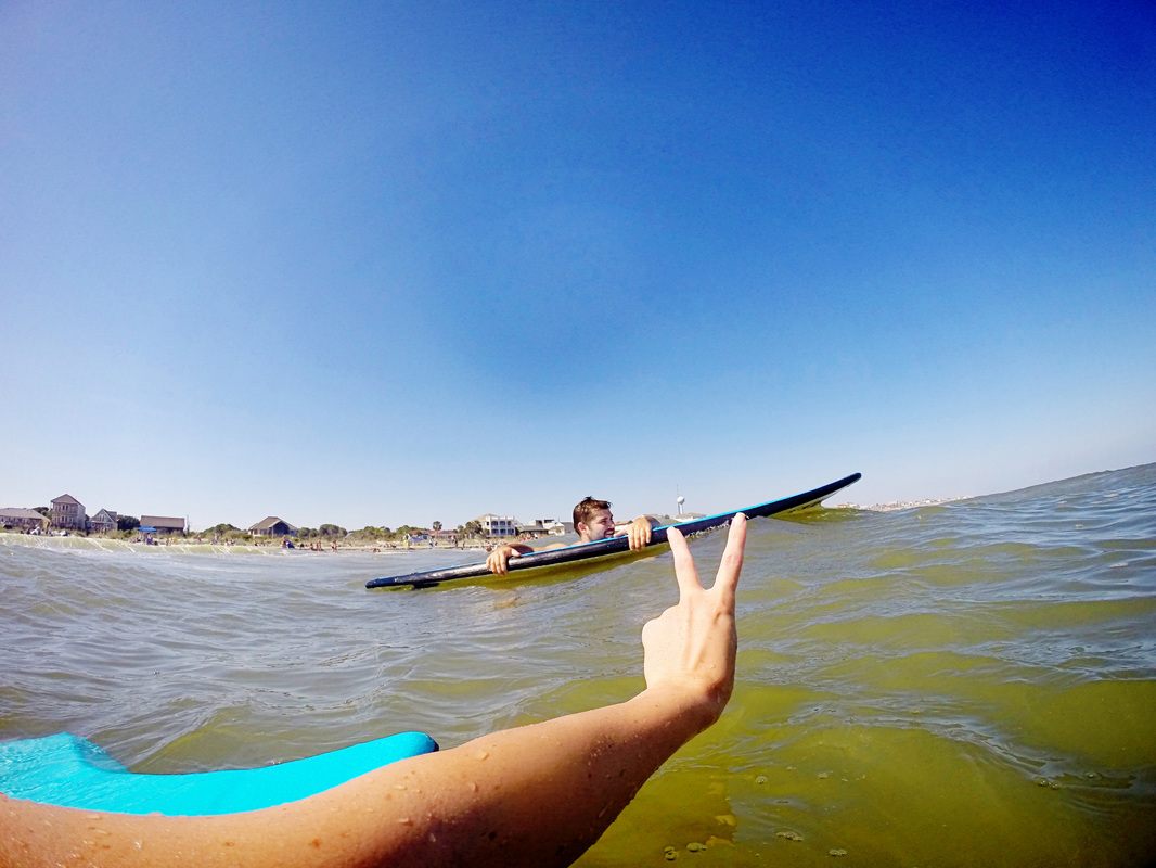 GoPro shot of a surfer catching a wave at Folly Beach, Charleston, SC