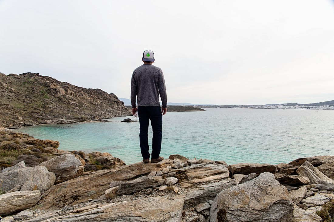 The rocky coastline of Paros with clear turquoise water (another frame from the trip)