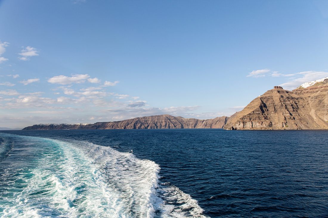 View of the Santorini caldera from the ferry approaching the island
