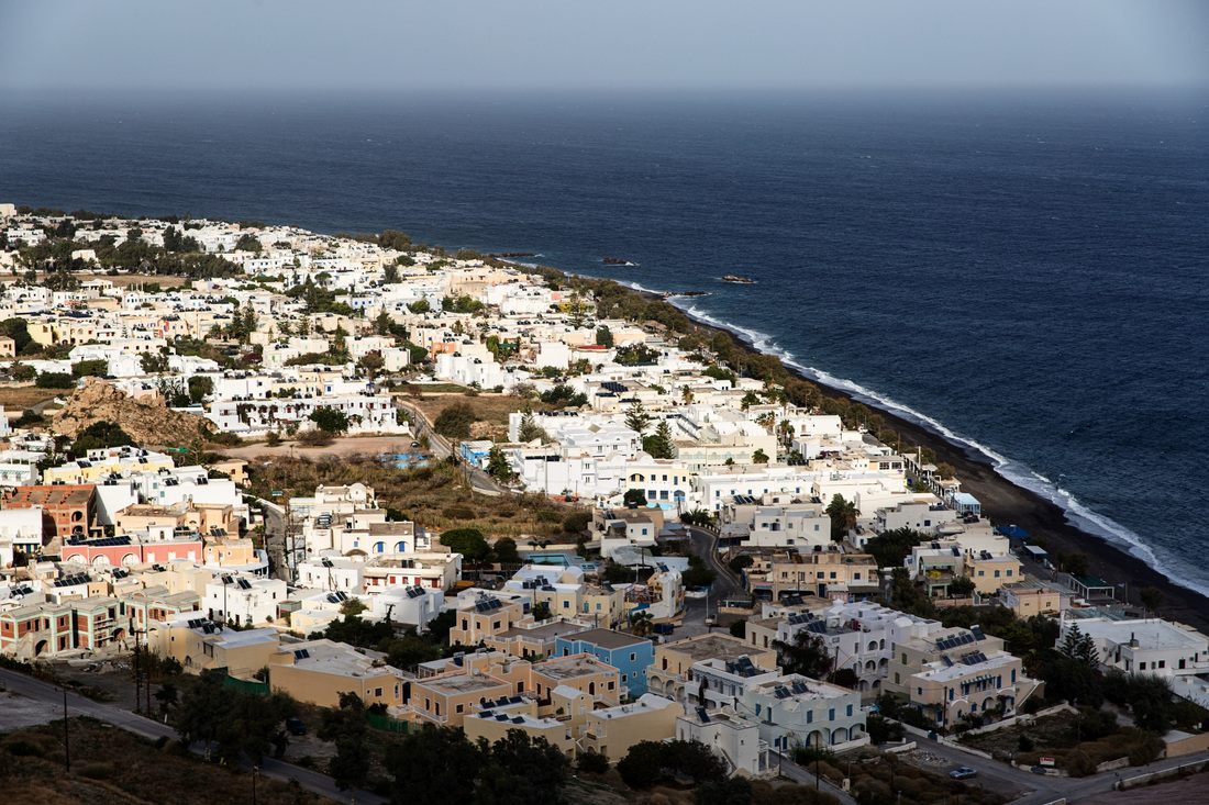 View of the Santorini caldera from the ferry approaching the island