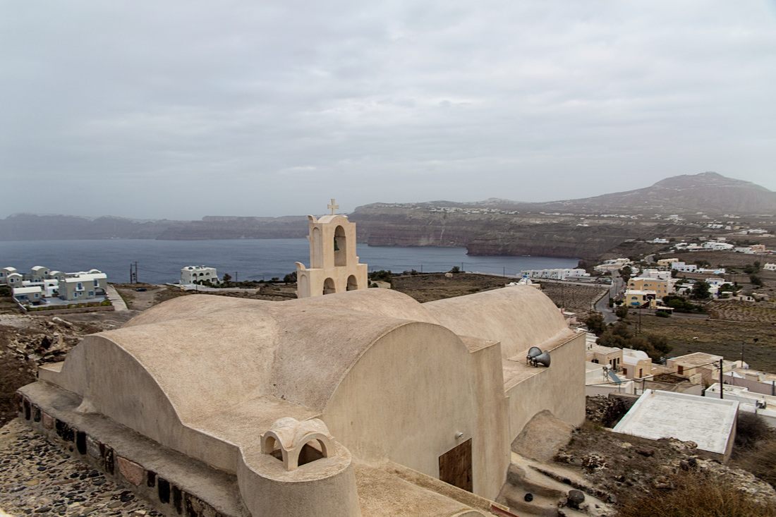 View of the Santorini caldera from the ferry approaching the island