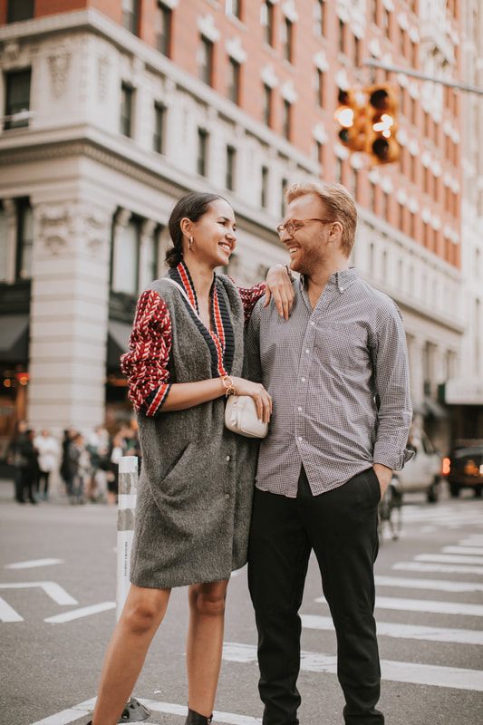 Engagement session portrait as the couple explores downtown New York
