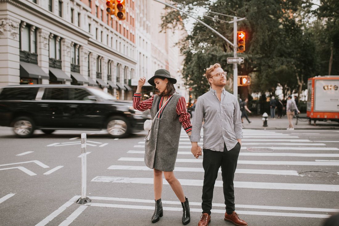 Engagement portrait with soft evening light along a Manhattan street