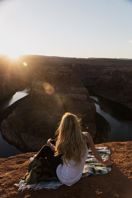 Sunset light over Lake Powell's red rock canyons