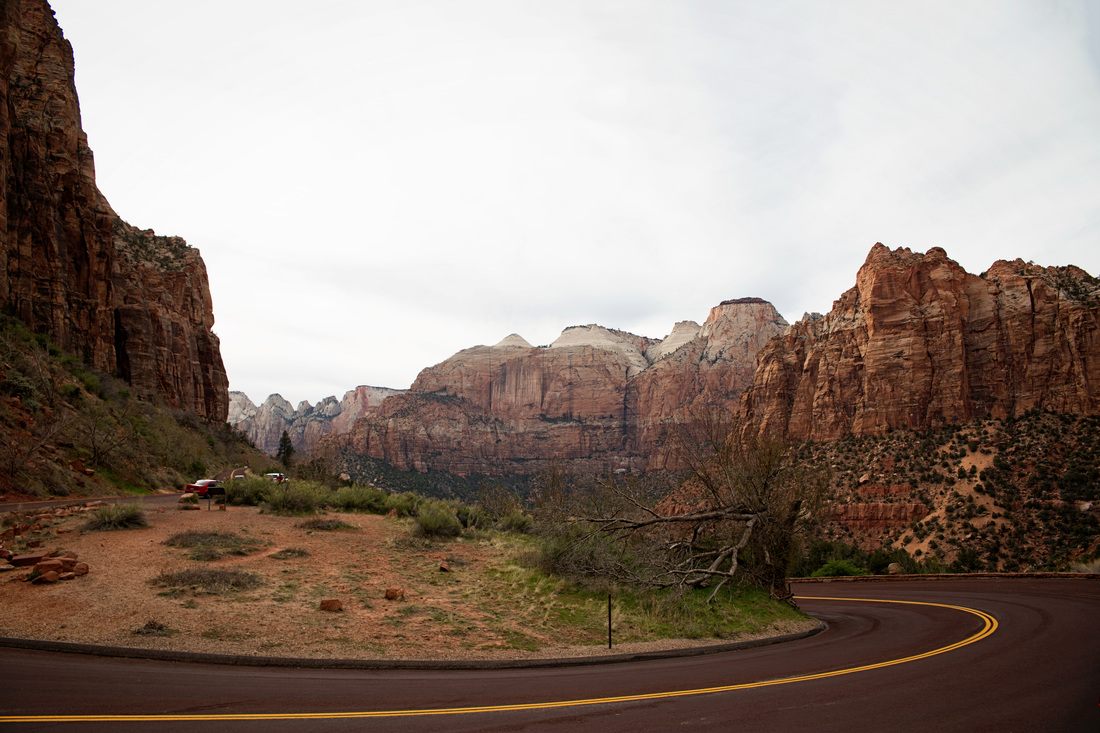 Red rock cliffs rising above the trail at Zion National Park