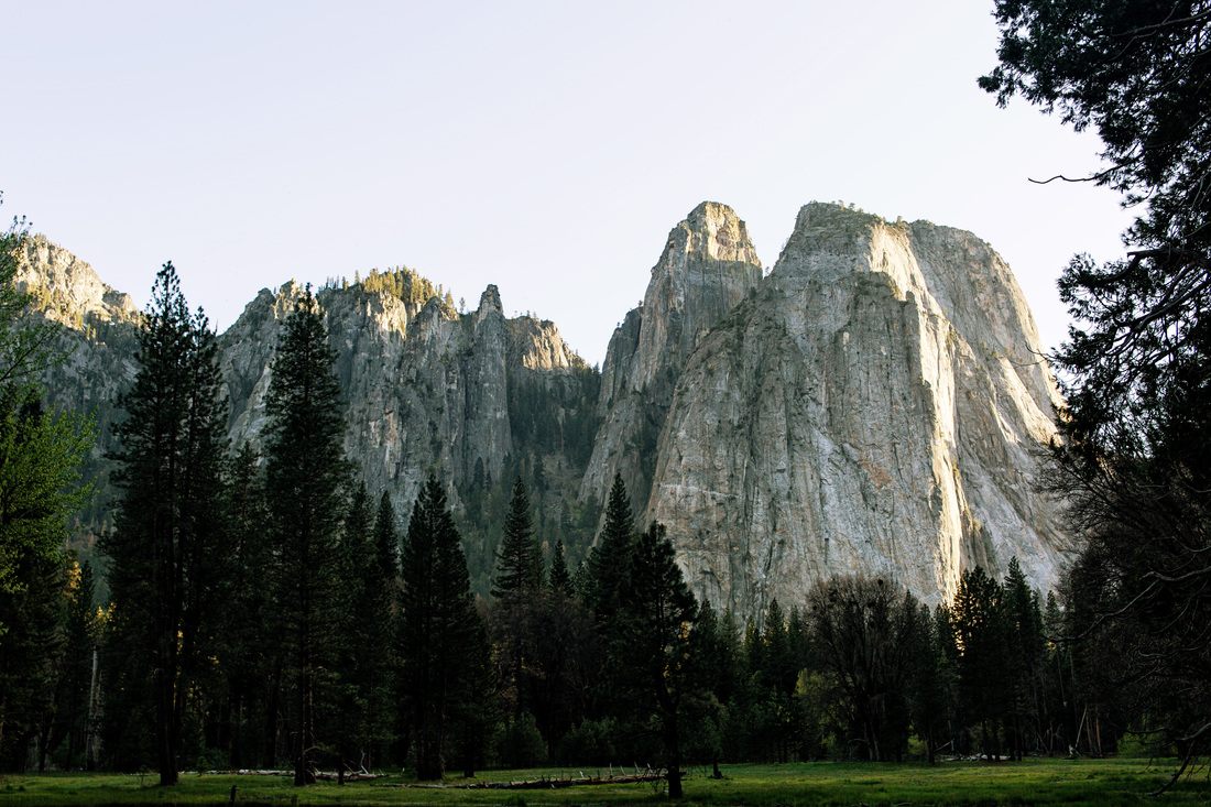 Distant view of Yosemite's granite cliffs from a scenic pullout