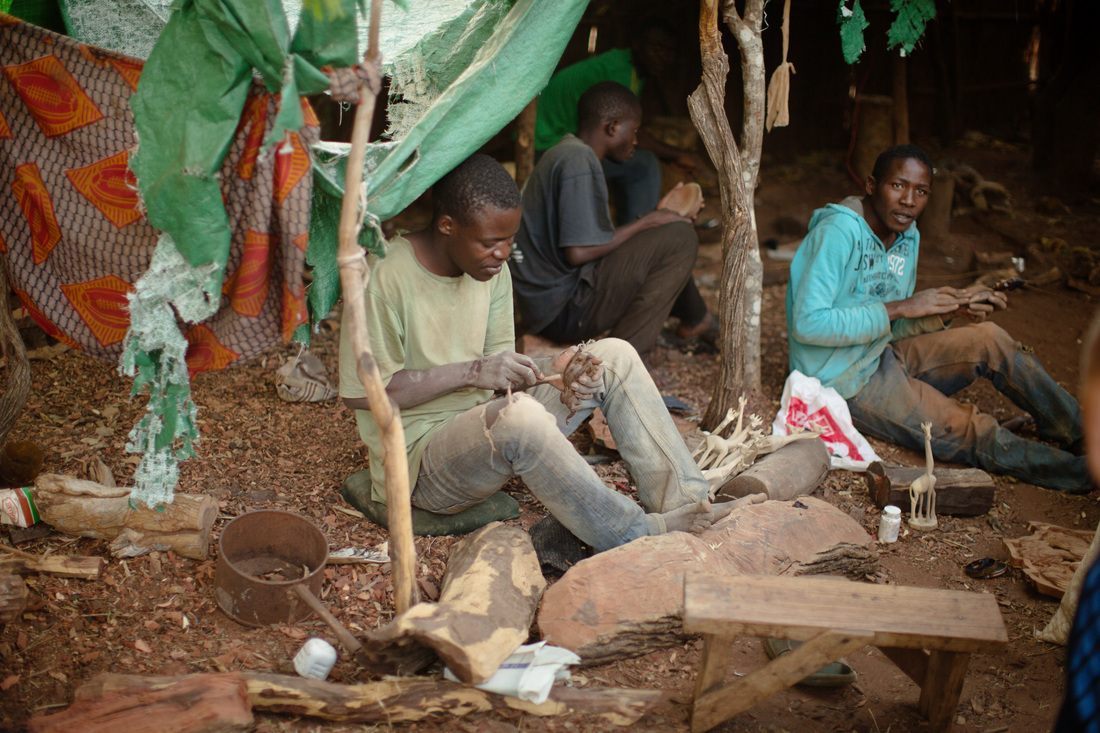 Close-up of hand-carved wooden crafts from Chief Mukuni Village