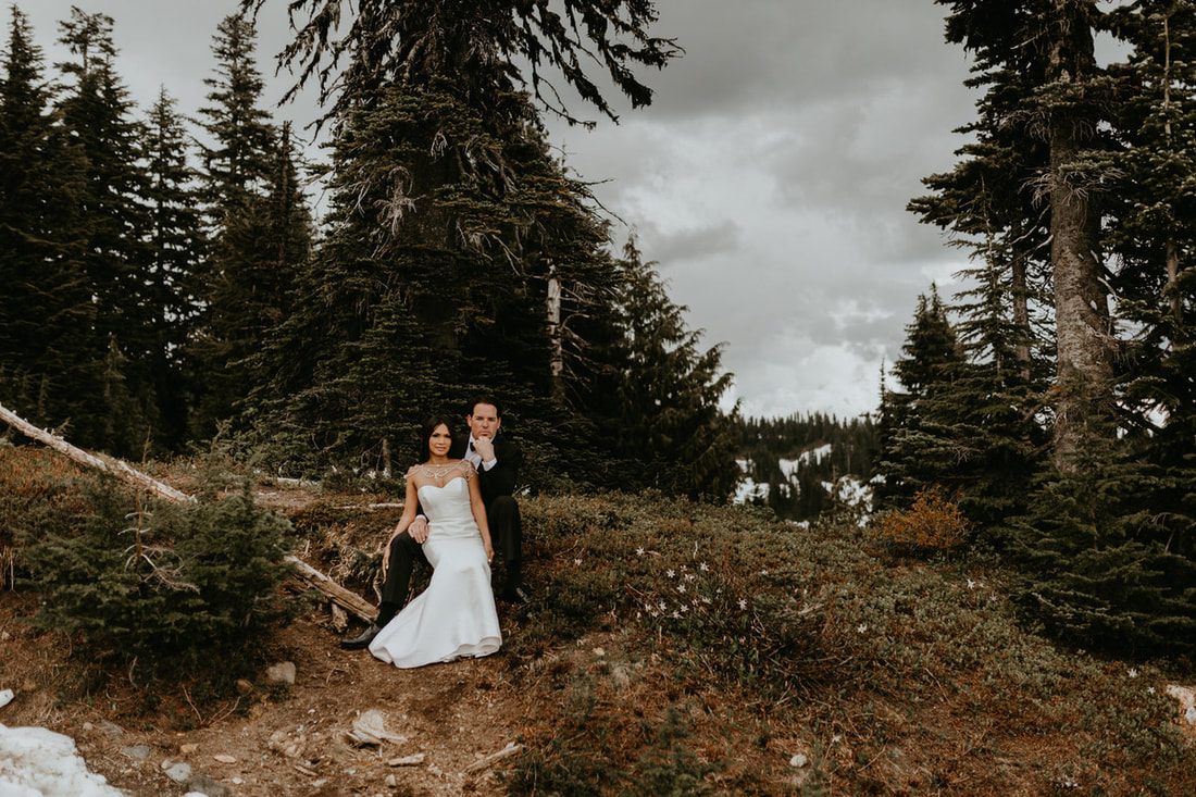 Detail shot of the bride's wedding gown amid ferns and forest greenery.