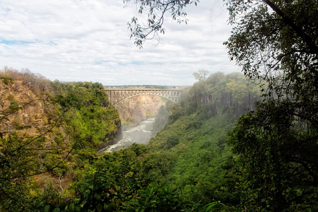 Victoria Falls mist rising over the gorge on the Zambia-Zimbabwe border