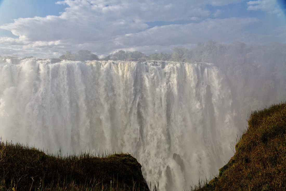 Wide view of Victoria Falls, the world's largest waterfall by volume
