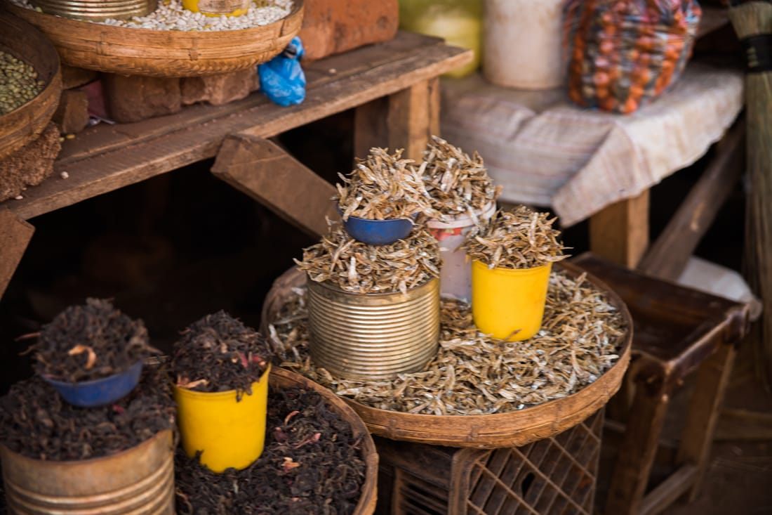 Stalls of fresh produce at a local market in Livingstone, Zambia