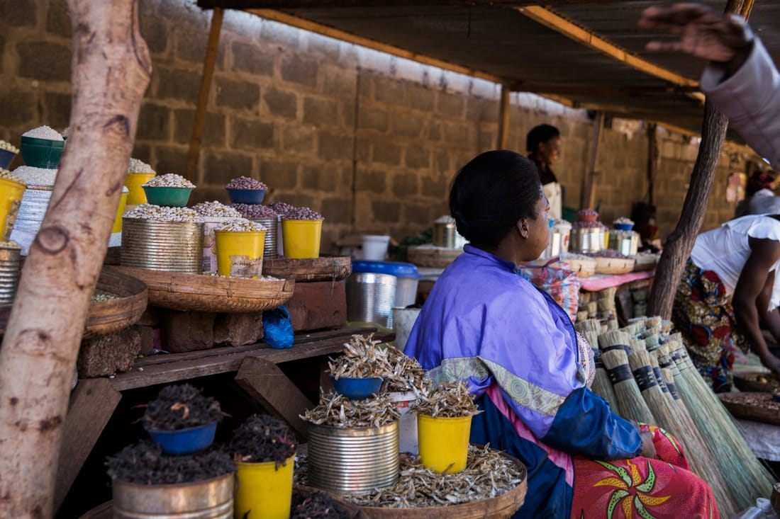 Stalls of fresh produce at a local market in Livingstone, Zambia