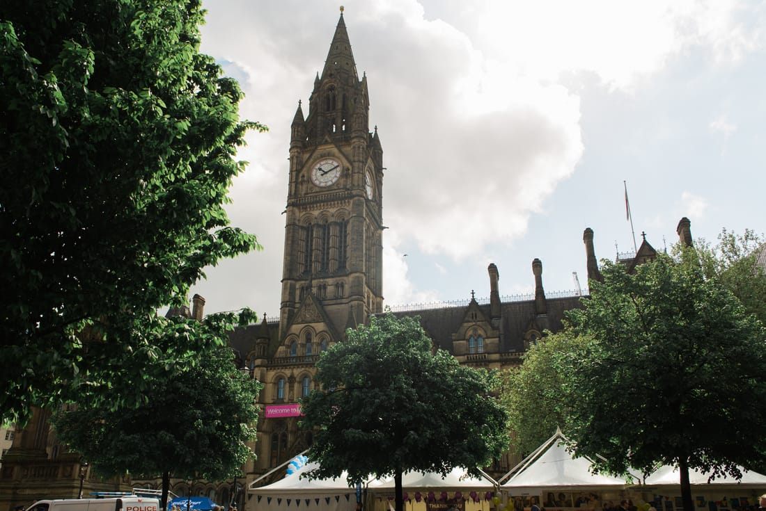 Historic architecture in central Manchester, England