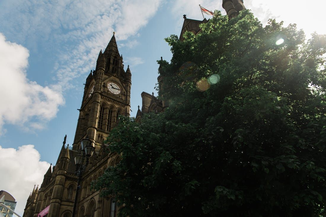 City streets of Manchester, England on a December afternoon
