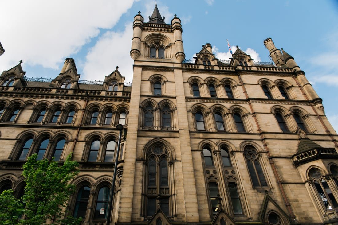Charming street corner in central Manchester, England