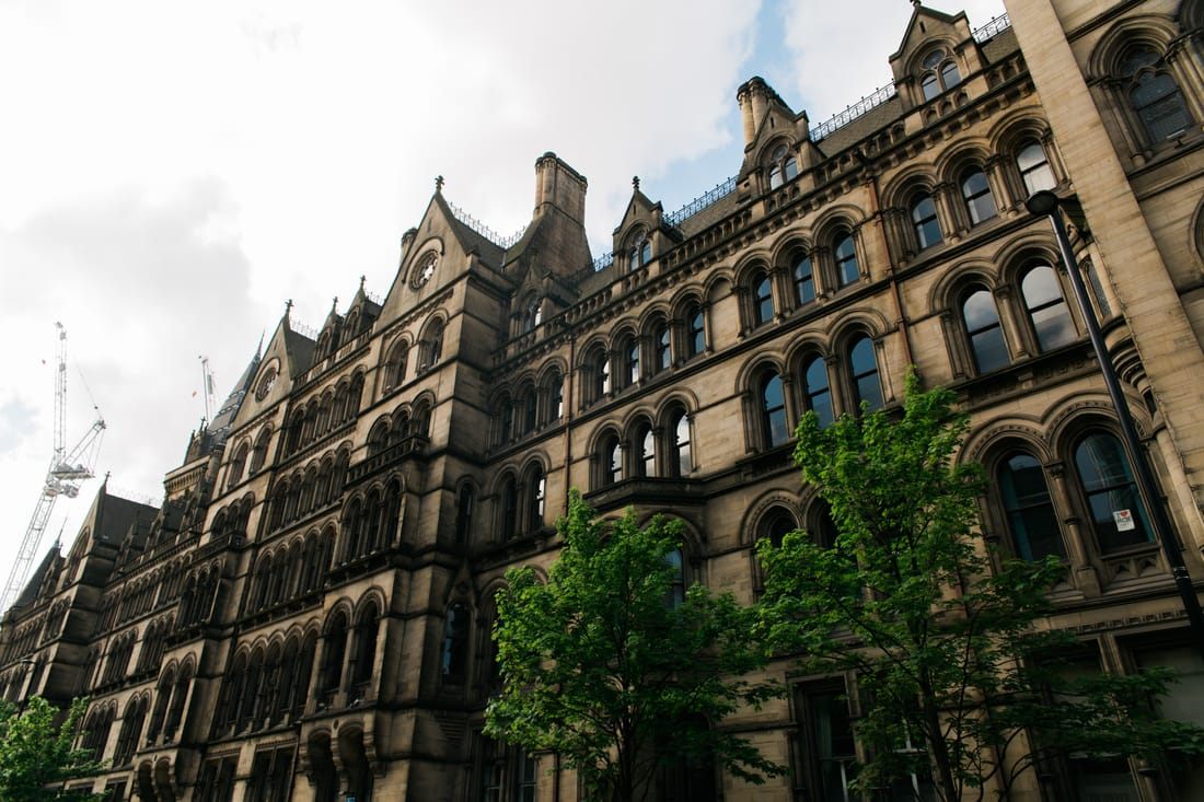 Manchester city center architecture and storefronts