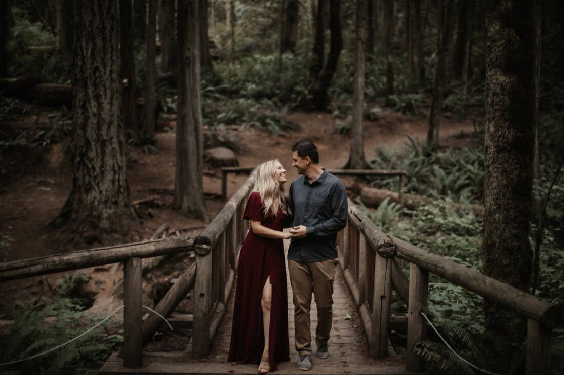 Engaged couple walking together on Bainbridge Island in the PNW