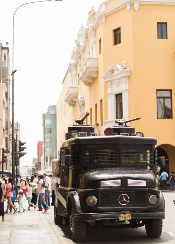 Detail of a historic building facade in downtown Lima