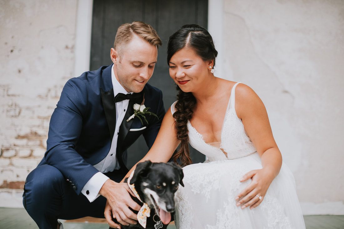 Couple's portrait aboard the Lowcountry trolley during their Charleston wedding day