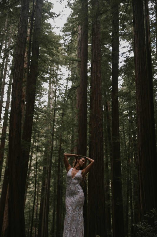 Wide forest shot of a bride dwarfed by ancient redwood trees