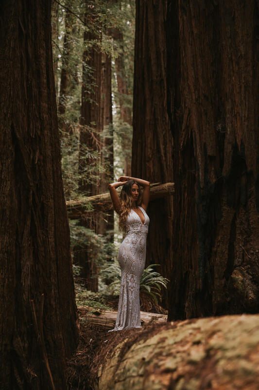 Bridal portrait with the natural texture of redwood bark as a backdrop