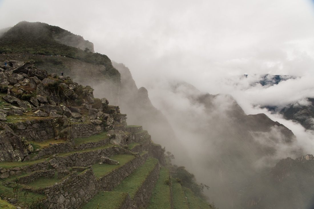 Wide-angle view of the Machu Picchu citadel nestled between mountain peaks