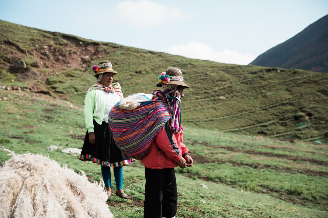Andean village and grazing livestock along the trail to Vinicunca, Peru