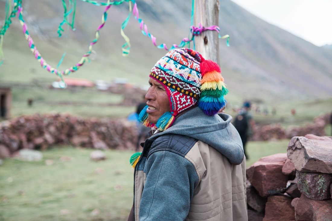 Panoramic view of the mineral-striped Rainbow Mountain range in Peru