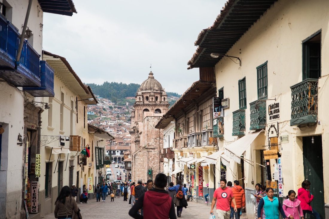 Photo of cobblestone streets winding through the historic center in Cusco, Peru