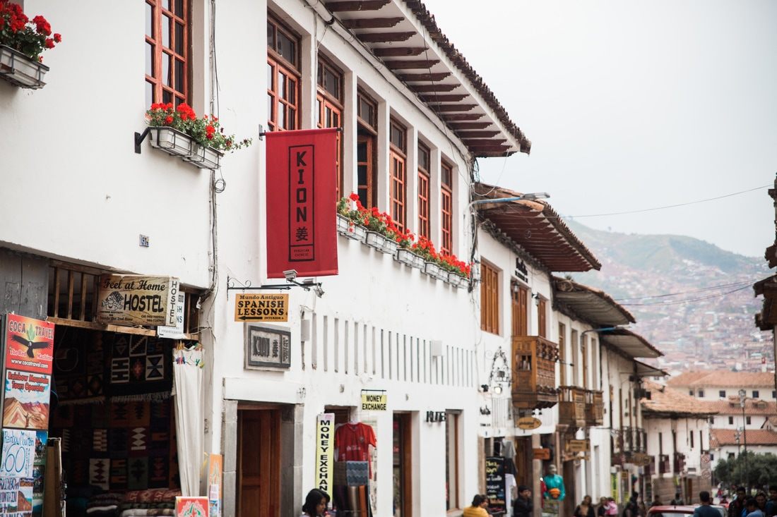 Photo of traditional Andean architecture along a city street in Cusco, Peru