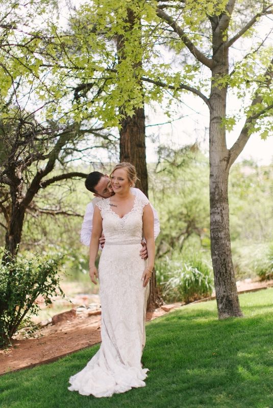 Golden hour portrait of the newlyweds in the Sedona desert