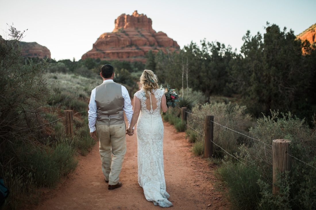 Golden hour portrait of the newlyweds in the Sedona desert