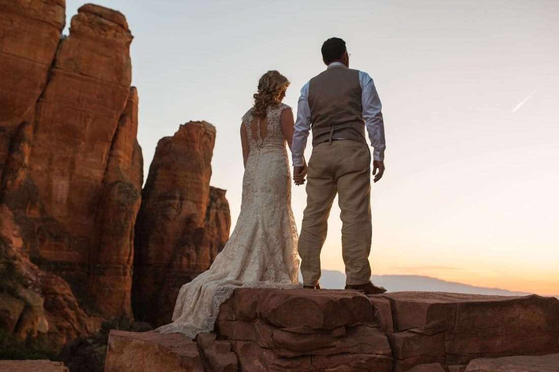 Wedding portrait set against Sedona's iconic red rock landscape