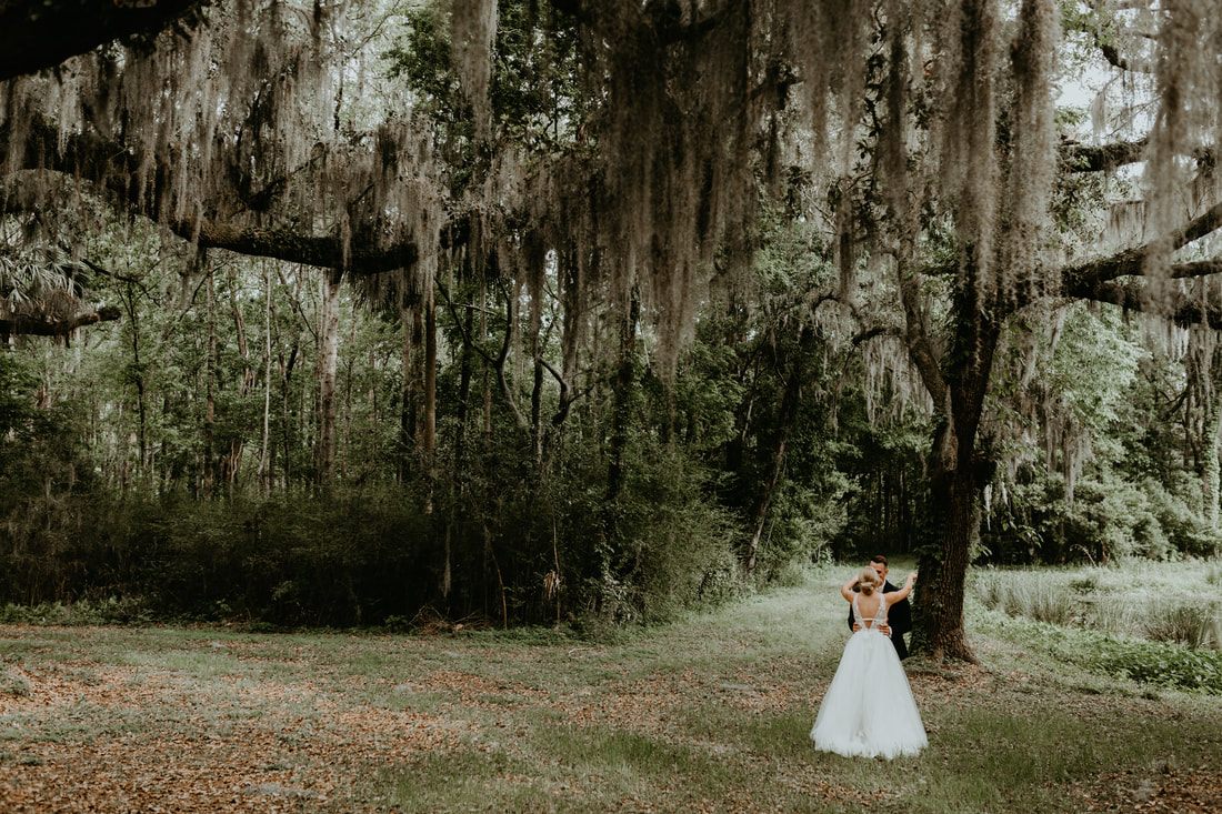 The newlyweds walking hand in hand beneath oak trees draped in Spanish moss
