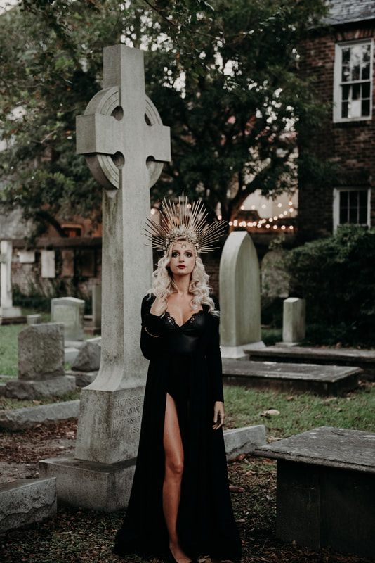 Golden late-October light filtering through a Charleston cemetery during a portrait session