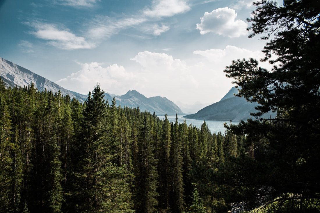 Day hikers on a trail in the Canadian Rockies near Banff