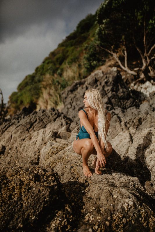 Lindsey O. modeling Strange Bikinis swimwear on Waiheke Island, New Zealand