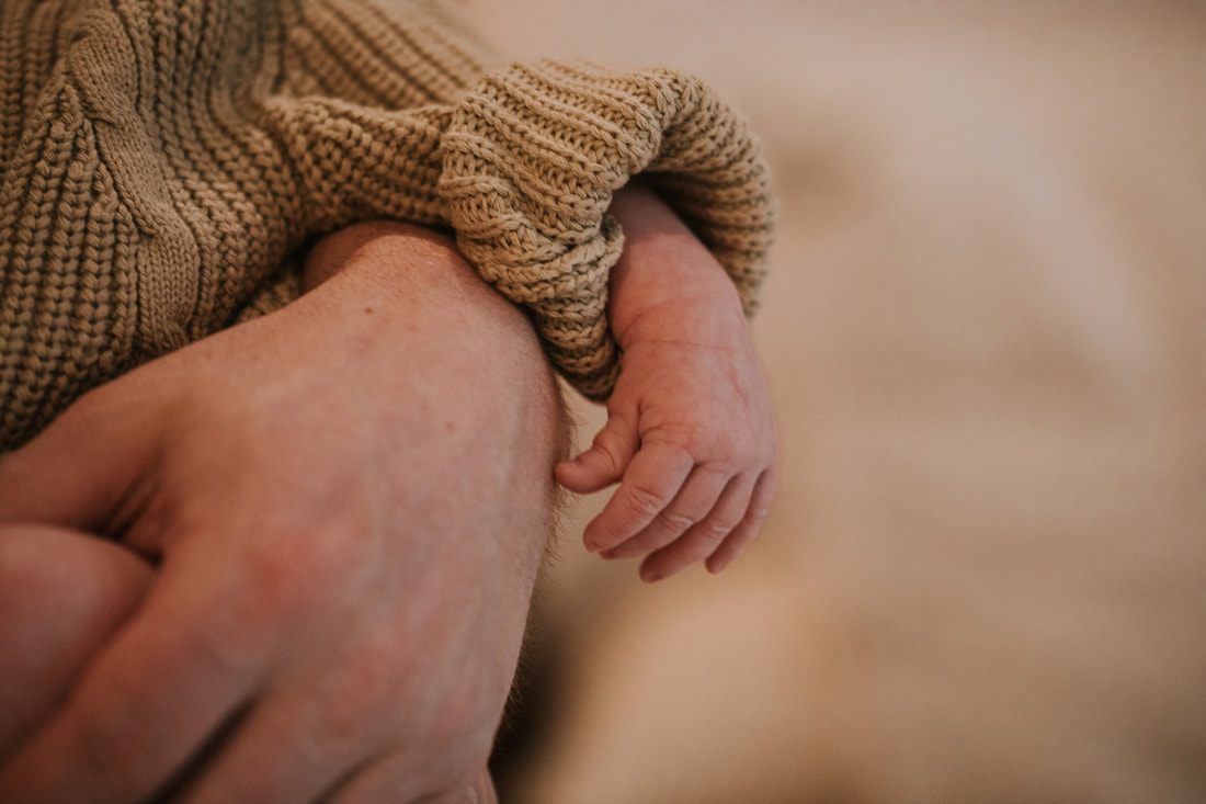 Close-up of a newborn baby's tiny fingers wrapped around a parent's hand