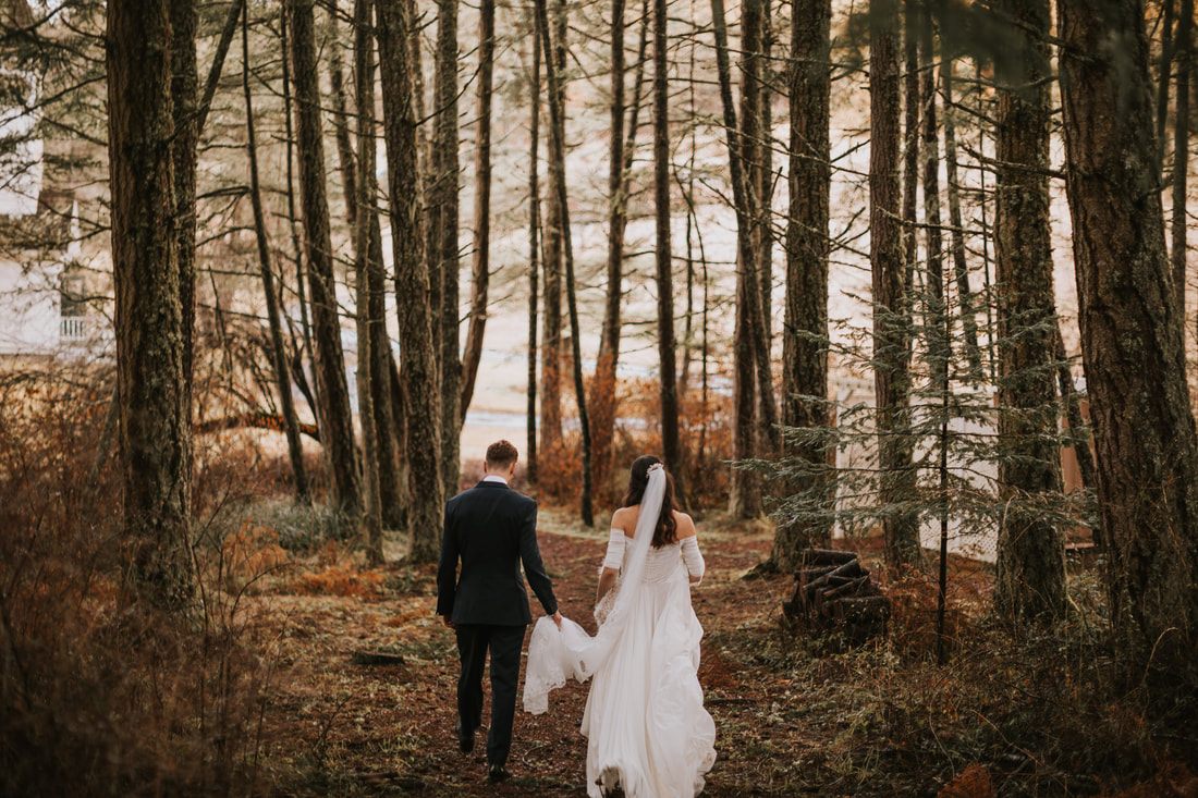 Bride and groom portrait in the forest surrounding Orcas Island