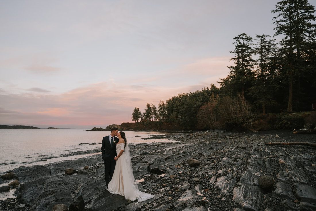 Bride and groom portrait in the forest surrounding Orcas Island