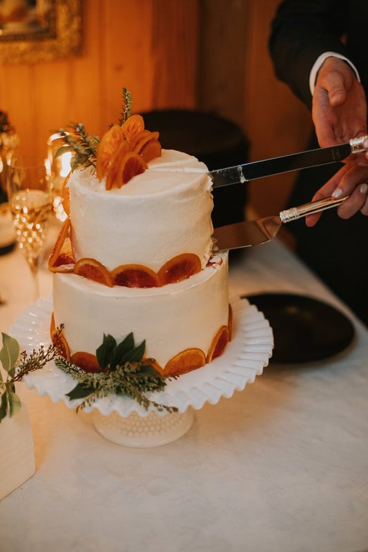 Newlyweds cutting their wedding cake at the reception
