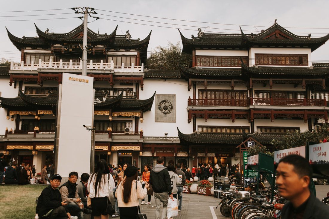 Intricately detailed temple architecture in Shanghai, China.