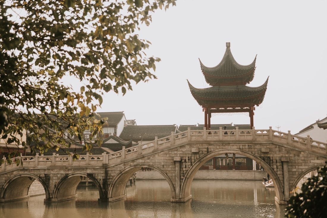 Traditional bridge and pagoda architecture in Suzhou, China