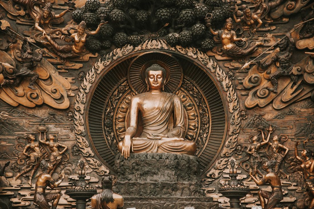 Golden Buddhist statues and shrines at Lingshan, Wuxi