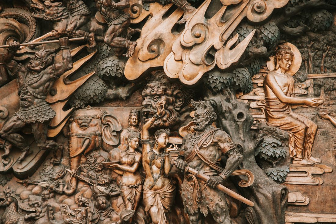 The musical fountain at sunset depicting the story of Buddha's birth